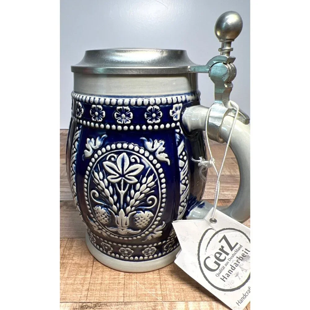 Handcrafted Gerz Stein Mug With Pewter Lid Ceramic 0.5L Germany Floral Design